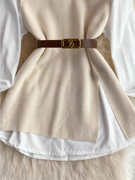 Women Vintage Apricot Split Hem Rib Knit Vest