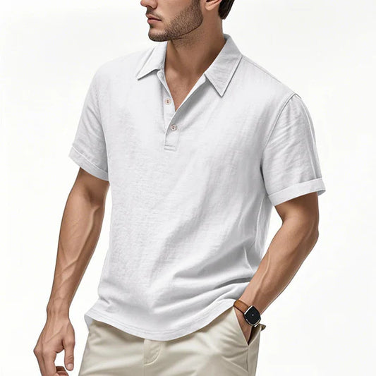 Men's British Casual Buckle Loose Linen Lapel Polo Shirt