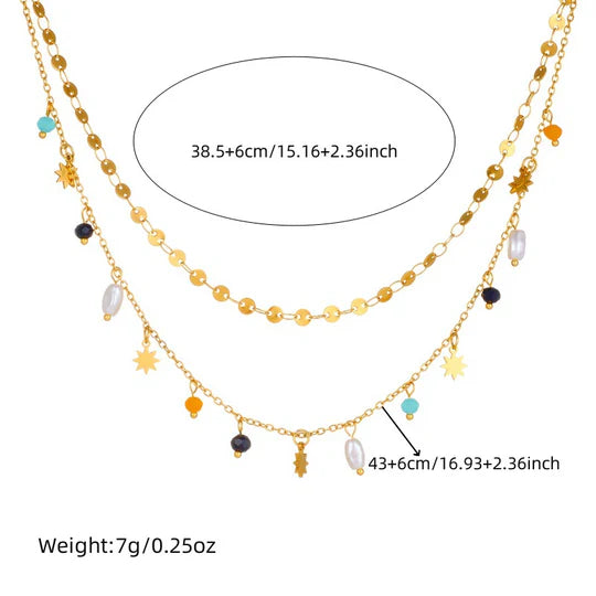 Pearl Eight Awn Star Pendant Double Layer Twin Necklace