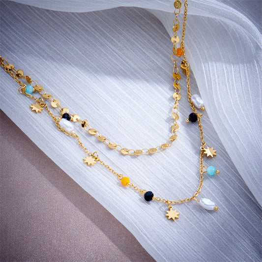 Pearl Eight Awn Star Pendant Double Layer Twin Necklace