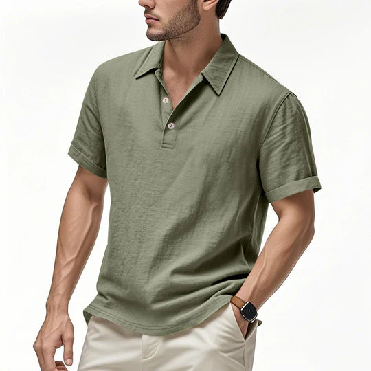 Men's British Casual Buckle Loose Linen Lapel Polo Shirt