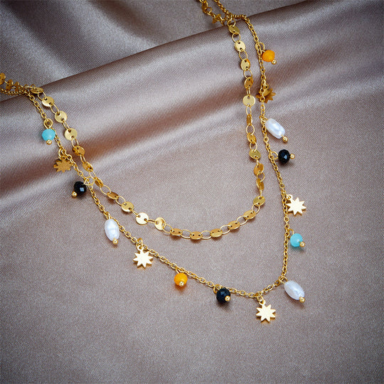 Pearl Eight Awn Star Pendant Double Layer Twin Necklace
